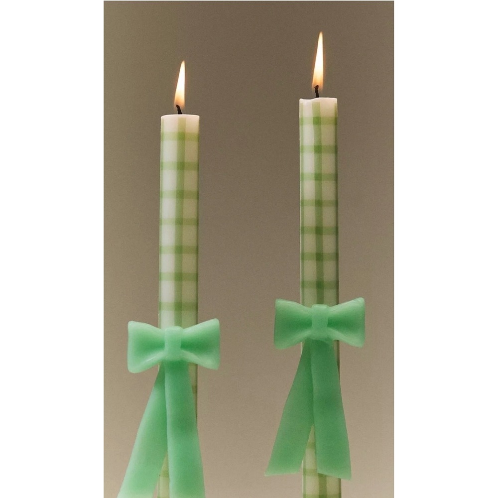 Anthropologie Green Bow Gingham Taper Candles